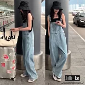 【Jilli~ko】新款寬鬆大碼高腰闊腿拖地牛仔吊帶褲 J9954  FREE 淺藍色