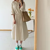 【ACheter】 韓國東大門文藝氣質寬鬆顯瘦收腰純色長袖襯衫式連身長版洋裝 # 115764 FREE 杏色