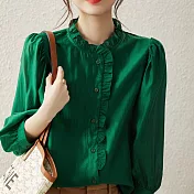 【MsMore】 甜美木耳邊宮廷七分袖純色襯衫寬鬆短版上衣 # 115772 M 綠色