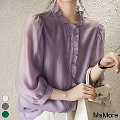 【MsMore】 甜美木耳邊宮廷七分袖純色襯衫寬鬆短版上衣 # 115772 XL 紫色