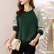【MsMore】 圓領撞色拼接春新款綠色空氣棉寬鬆長袖短版上衣 # 115785 M 綠色