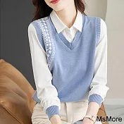 【MsMore】 襯衫式長袖翻領假兩件針織衫寬鬆短版上衣 # 115786 XL 藍色