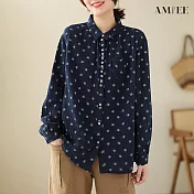 【AMIEE】復古碎花顯瘦襯衫上衣(KDTY-6387) M 藏藍