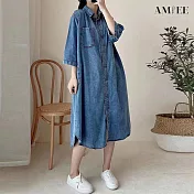 【AMIEE】寬鬆襯衫連身洋裝(KDDY-1284) L 藍色