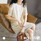 【Lockers 木櫃】春季復古波點鏤空短袖連衣裙 L112022009 M 米杏色M
