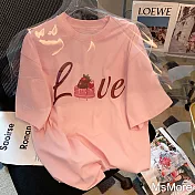 【MsMore】 粉色棉字母蛋糕印花圓領短袖T恤短版上衣# 115990 L 粉紅色