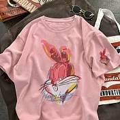 【MsMore】 彩色兔棉圓領寬鬆百搭短袖T恤短版上衣# 115991 L 粉紅色