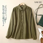 【AMIEE】日系純色翻領長袖襯衫上衣(KDTY-5868) M 軍綠色