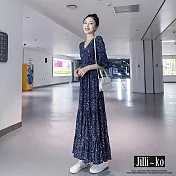 【Jilli~ko】V領深藍碎花縮腰顯瘦花瓣袖連衣裙 J9987 FREE 深藍色