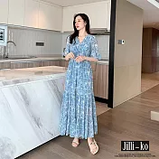 【Jilli~ko】V領海藍碎花縮腰顯瘦花瓣袖連衣裙 J9990 FREE 淺藍色