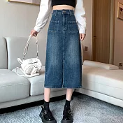 【MsMore】 牛仔高腰顯瘦A字設計感前開叉長窄裙# 116207 M 藍色