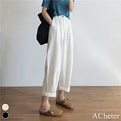【ACheter】 顯瘦舒適棉麻質感高腰顯瘦寬鬆闊腿直筒長休閒褲# 116244 3XL 白色