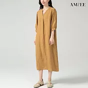 【AMIEE】日系純色棉麻連身洋裝(KDDY-6295) M 黃色