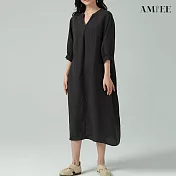 【AMIEE】日系純色棉麻連身洋裝(KDDY-6295) M 藏黑色