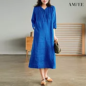 【AMIEE】簡約短袖連身洋裝(KDDY-A143) M 藍色