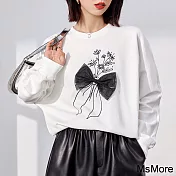 【MsMore】 白色精緻刺繡花束設計感圓領長袖寬鬆短版上衣# 115587 M 白色