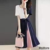 【MsMore】 幾何拼色白領風V領拼接收腰顯瘦短袖長版洋裝 # 116060 M 藏青