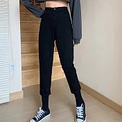 【MsMore】 戀愛速成牛仔褲高腰直筒寬鬆老爹顯瘦九分百搭經典長褲 # 116206 M 黑色