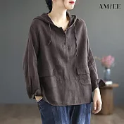 【AMIEE】復古棉麻寬鬆連帽上衣(KDTY-6093) 2XL 咖啡