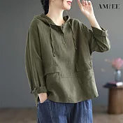 【AMIEE】復古棉麻寬鬆連帽上衣(KDTY-6093) 2XL 軍綠
