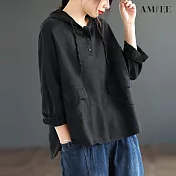 【AMIEE】復古棉麻寬鬆連帽上衣(KDTY-6093) 2XL 黑色