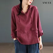 【AMIEE】復古棉麻寬鬆連帽上衣(KDTY-6093) 2XL 酒紅
