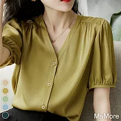 【MsMore】 V領彈力雙喬絲質襯衫寬鬆短袖純色短版上衣# 116168 L 黃色