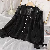 【Jilli~ko】娃娃領珍珠扣設計感蕾絲鏤空襯衫 J10058 FREE 黑色