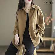【AMIEE】棉麻純色長袖襯衫(KDTY-9307) 2XL 卡其色
