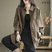 【AMIEE】棉麻純色長袖襯衫(KDTY-9307) 2XL 咖啡色