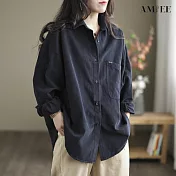【AMIEE】棉麻純色長袖襯衫(KDTY-9307) 2XL 黑色