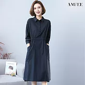【AMIEE】修身顯瘦襯衫連身洋裝(KDDY-3025) 2XL 藏青