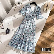 【Jilli~ko】V領插畫碎花高腰顯瘦桔梗連衣裙 J10071  FREE 藍色
