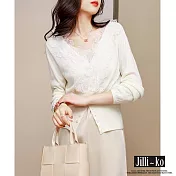 【Jilli~ko】優雅氣質V領花邊蕾絲開扣針織衫 J10050 FREE 白色