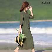 【AMIEE】純色棉麻五粉袖連衣裙(KDDY-3596) M 深青綠色