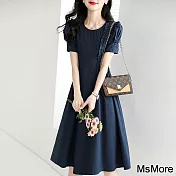 【MsMore】 時尚休閒輕薄藏青色寬鬆韓版a型圓領短袖長版洋裝# 116054 S 藏青