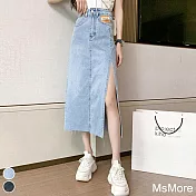 【MsMore】 爆款牛仔顯瘦貼標側開衩顯高顯瘦迷人百搭長裙# 116431 M 藍色
