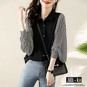 【Jilli~ko】韓版時尚寬鬆燈籠袖條紋拼接襯衫 J10103 FREE 黑色