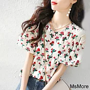 【MsMore】 時尚休閒寬鬆韓版花色圓領五分袖短版上衣 # 116362 M 花紋