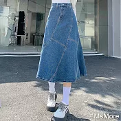 【MsMore】 激瘦高腰裁片視覺削百搭牛仔A字長裙# 116399 S 藍色