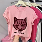 【MsMore】 抖音爆款寵物貓印花圓領棉大碼正肩短袖T恤短版百搭上衣# 116459 M 粉紅色