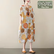 【慢。生活】渲染波點文藝大碼寬鬆休閒棉質連衣裙 8360  FREE 橘色