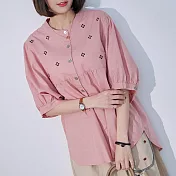 【慢。生活】日系棉質小花刺繡寬鬆娃娃衫 13015 FREE 粉紅色