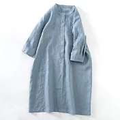 【ACheter】 棉麻連身裙純色圓領休閒襯衫式寬鬆顯瘦七分袖洋裝# 116510 M 藍色