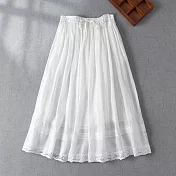 【ACheter】 麻感長裙文藝森系A版顯瘦鬆緊腰雙層刺繡仙女長裙# 116519 XL 白色