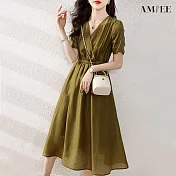 【AMIEE】優雅顯瘦氣質連身裙(KDDY-3075) XL 卡其