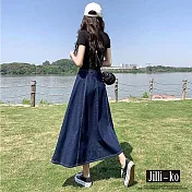 【Jilli~ko】後腰鬆緊顯瘦垂墜A字牛仔長裙 M-XL J10052 XL 深藍色