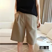 【Jilli~ko】時尚高腰中線褶皺西裝五分短褲 M-XL J10153  L 卡其色