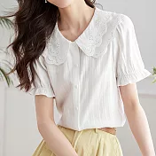 【MsMore】 法式襯衫鏤空花邊雙層領泡泡短袖短版上衣 # 116635 M 白色