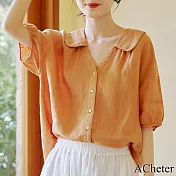 【ACheter】 法式亞麻感手工繡娃娃V領襯衫寬鬆短版上衣 # 116648 M 黃色